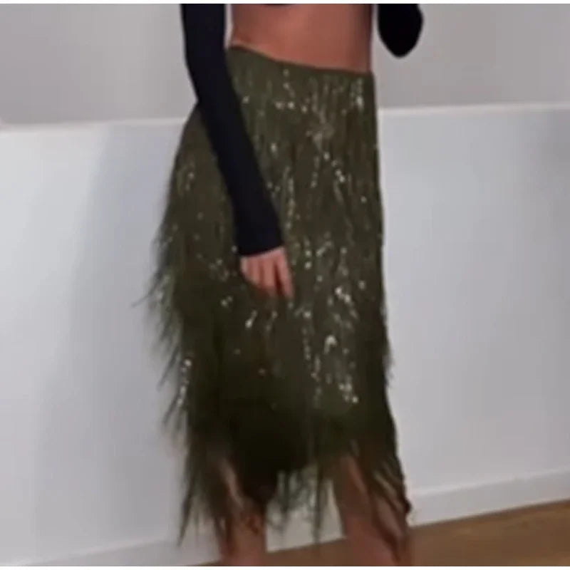 Green Tassel Sequin Long Skirt Women Fashion High Waist A-line Loose Shiny Skirts 2026 Spring Lady Chic Party Club Clothes Gown