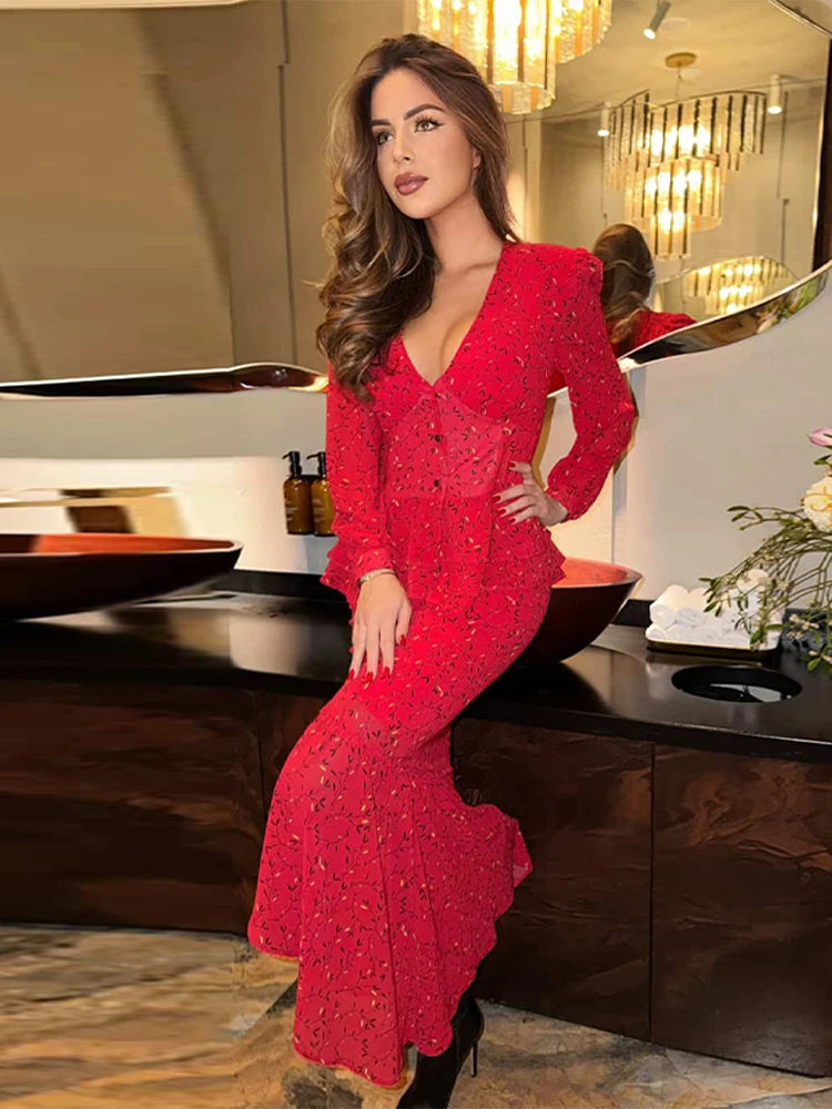 Elegant Print Skirt Suit Women V-neck Full Sleeve Slim Top Long Hip Package Skirts Set Spring Fashion Lady Vacation Outfit