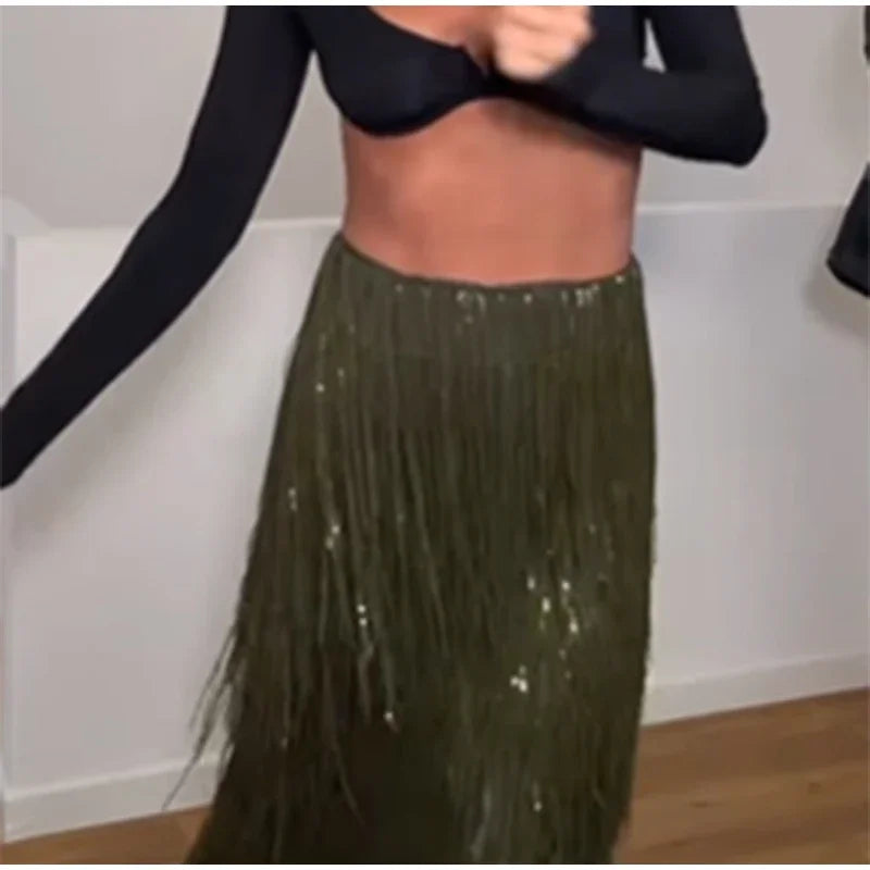 Green Tassel Sequin Long Skirt Women Fashion High Waist A-line Loose Shiny Skirts 2026 Spring Lady Chic Party Club Clothes Gown