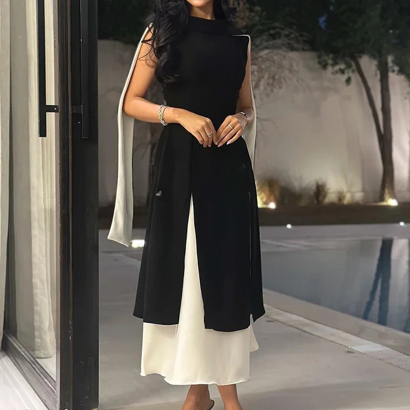 Chic Women Slim Ribbon Evening Dress Spring Summer New Color Blocked Banquet Dress Elegant High Waist O Neck Vintage Long Dress