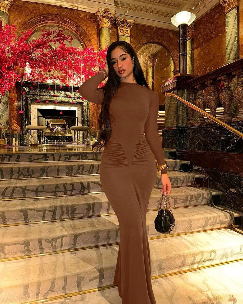 Dulzura Elegant Solid Long Sleeve Maxi Dress Bodycon Ruched Simple Women Clothes Cocktail Evening Party Dresses Y2K Wholesale