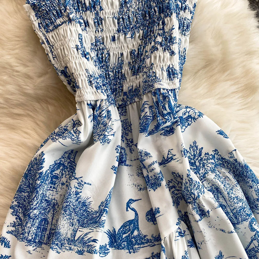 Retro Floral Print Off-oulder Chiffon Dr Women's Elastic Waist Slimming Beach Vaion Beachside Mid-Length Gown