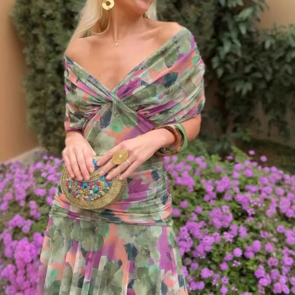 New Floral Print Mesh Women's Long Dresses Fashion V-neck Off Shoulder Pleated Party Dress Elegant Short Sleeved Bohemian Dress