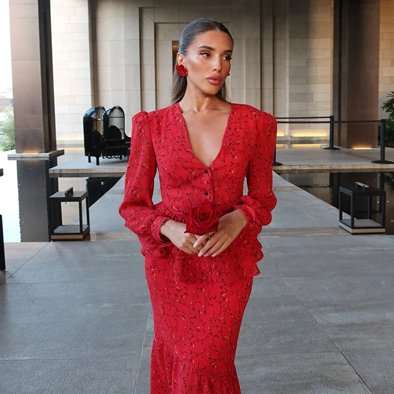 Elegant Print Skirt Suit Women V-neck Full Sleeve Slim Top Long Hip Package Skirts Set Spring Fashion Lady Vacation Outfit