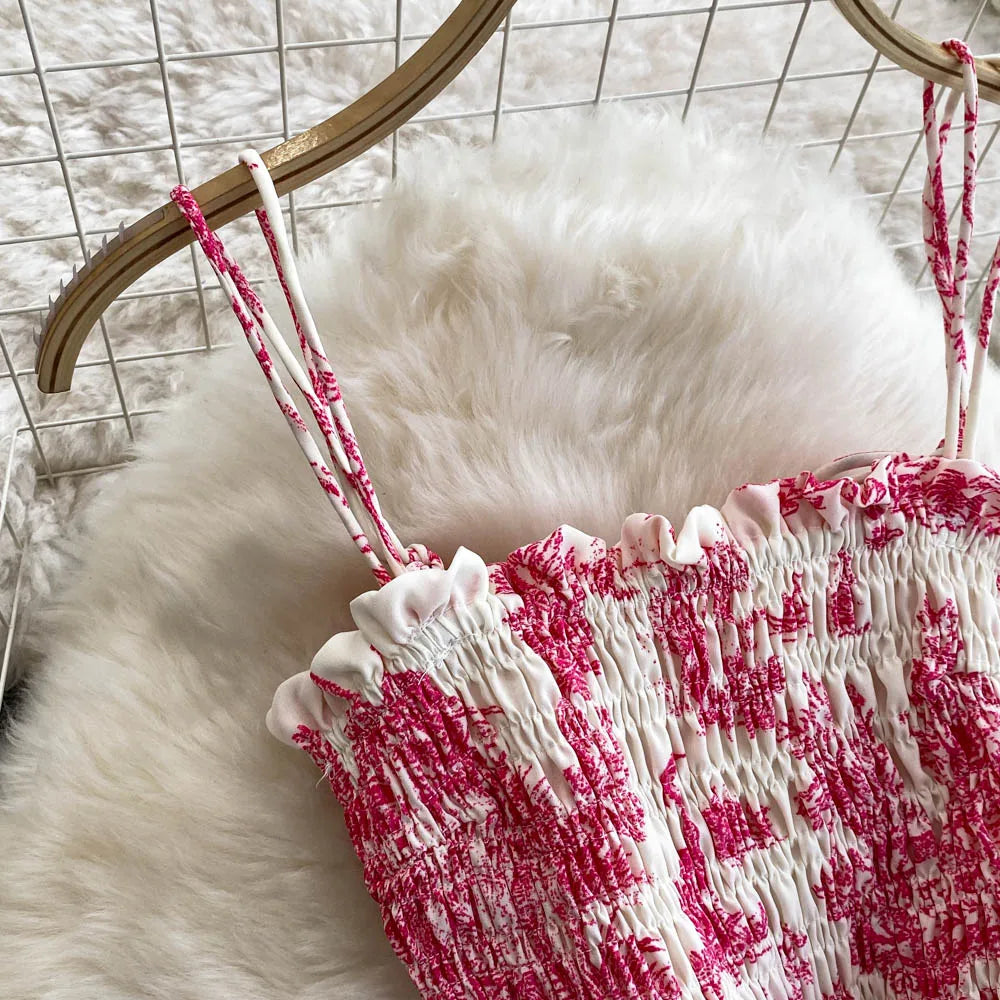 Retro Floral Print Off-oulder Chiffon Dr Women's Elastic Waist Slimming Beach Vaion Beachside Mid-Length Gown