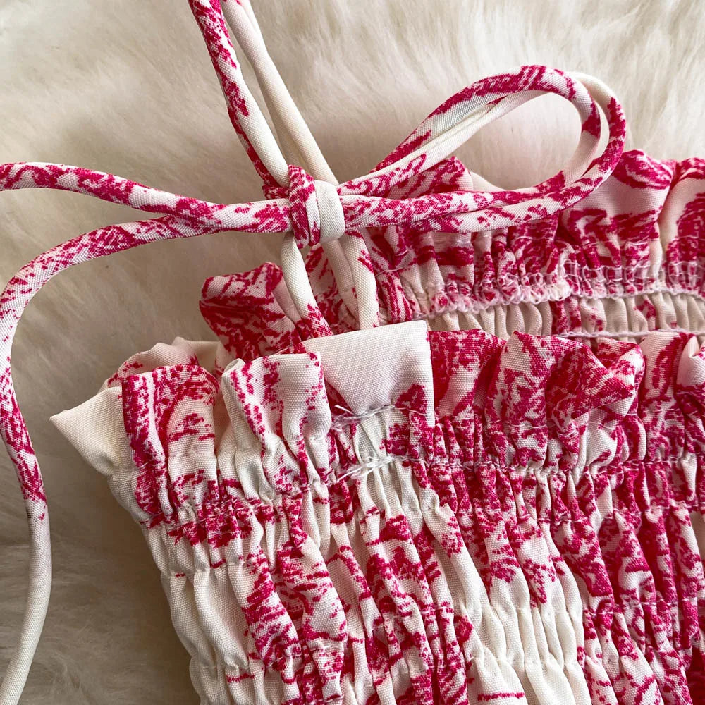 Retro Floral Print Off-oulder Chiffon Dr Women's Elastic Waist Slimming Beach Vaion Beachside Mid-Length Gown