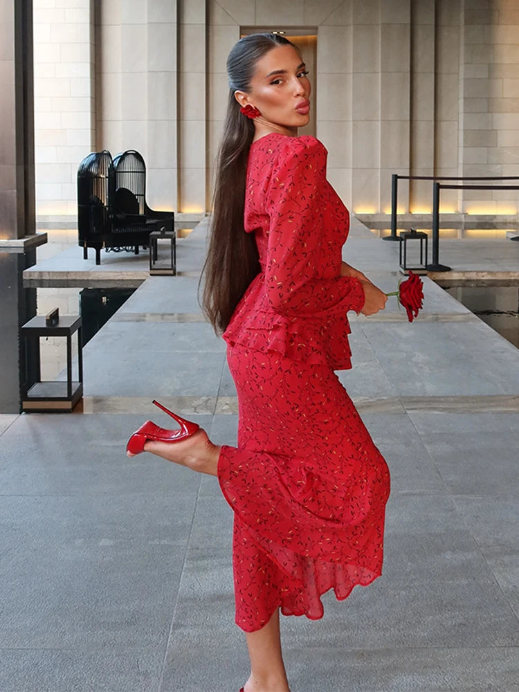 Elegant Print Skirt Suit Women V-neck Full Sleeve Slim Top Long Hip Package Skirts Set Spring Fashion Lady Vacation Outfit