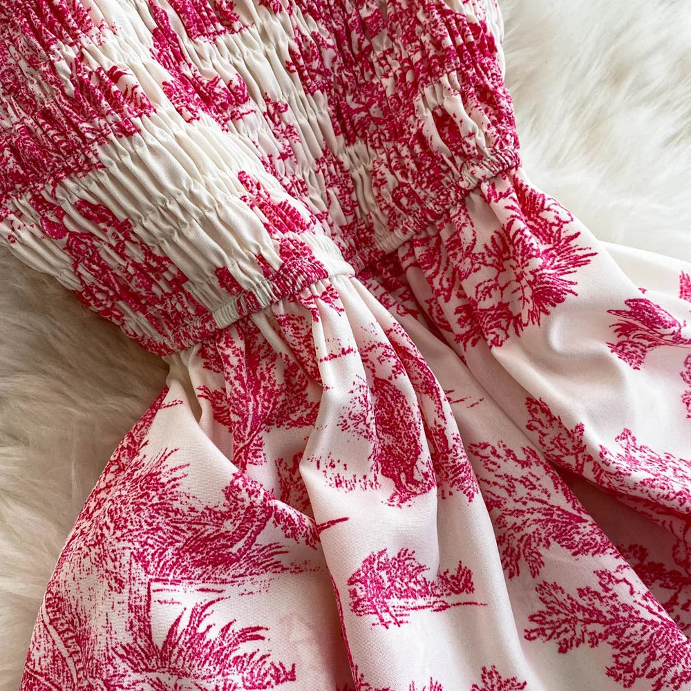 Retro Floral Print Off-oulder Chiffon Dr Women's Elastic Waist Slimming Beach Vaion Beachside Mid-Length Gown