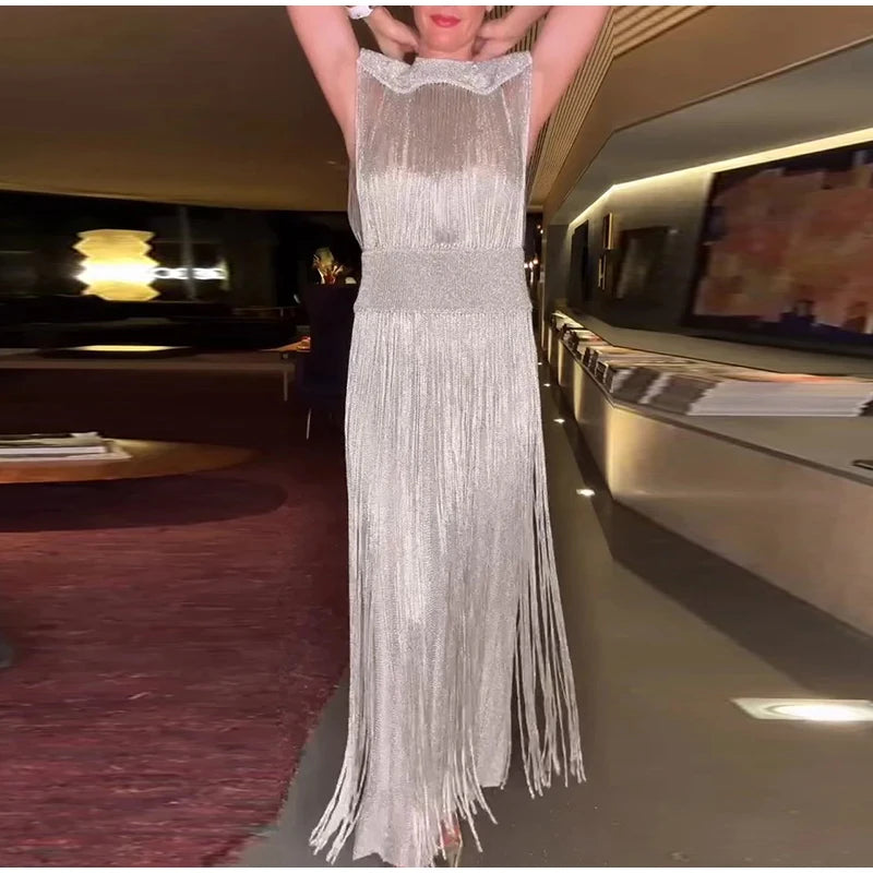Sexy Sequin Tassel Evening Dresses Women Vintage Solid Sleeveless O-neck Slim High Waist Long Dress Lady 2025 Chic Party Vestido