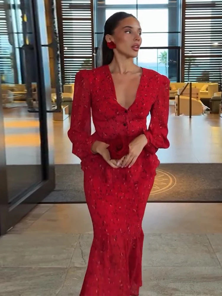 Elegant Print Skirt Suit Women V-neck Full Sleeve Slim Top Long Hip Package Skirts Set Spring Fashion Lady Vacation Outfit