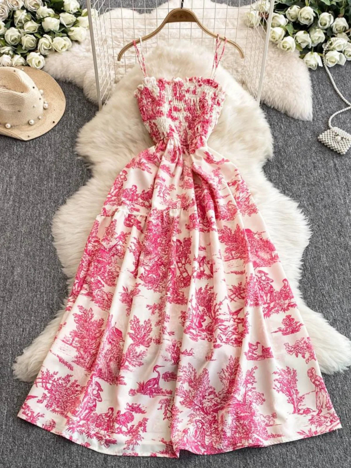 Retro Floral Print Off-oulder Chiffon Dr Women's Elastic Waist Slimming Beach Vaion Beachside Mid-Length Gown