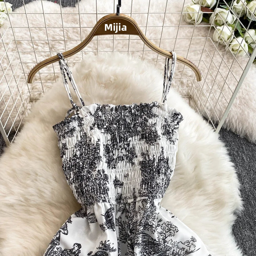 Retro Floral Print Off-oulder Chiffon Dr Women's Elastic Waist Slimming Beach Vaion Beachside Mid-Length Gown