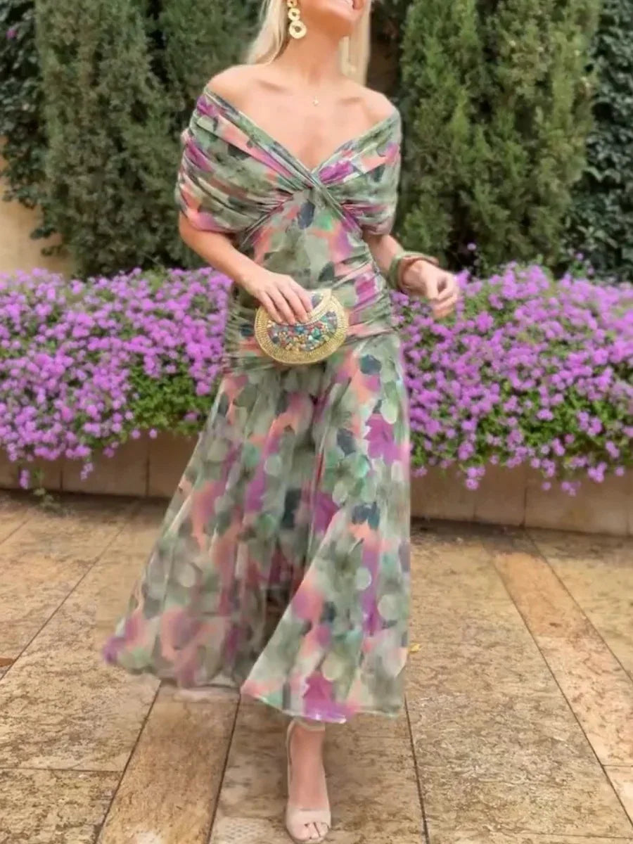 New Floral Print Mesh Women's Long Dresses Fashion V-neck Off Shoulder Pleated Party Dress Elegant Short Sleeved Bohemian Dress