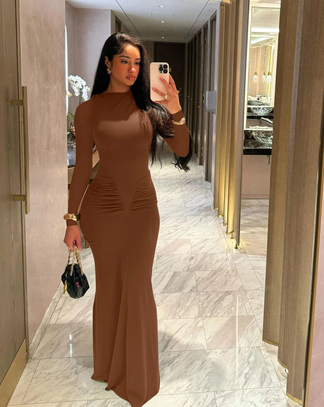 Dulzura Elegant Solid Long Sleeve Maxi Dress Bodycon Ruched Simple Women Clothes Cocktail Evening Party Dresses Y2K Wholesale
