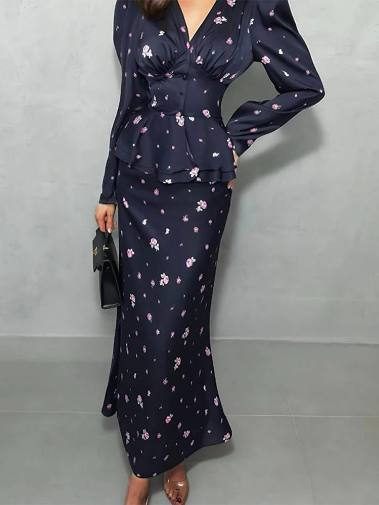 Elegant Print Skirt Suit Women V-neck Full Sleeve Slim Top Long Hip Package Skirts Set Spring Fashion Lady Vacation Outfit