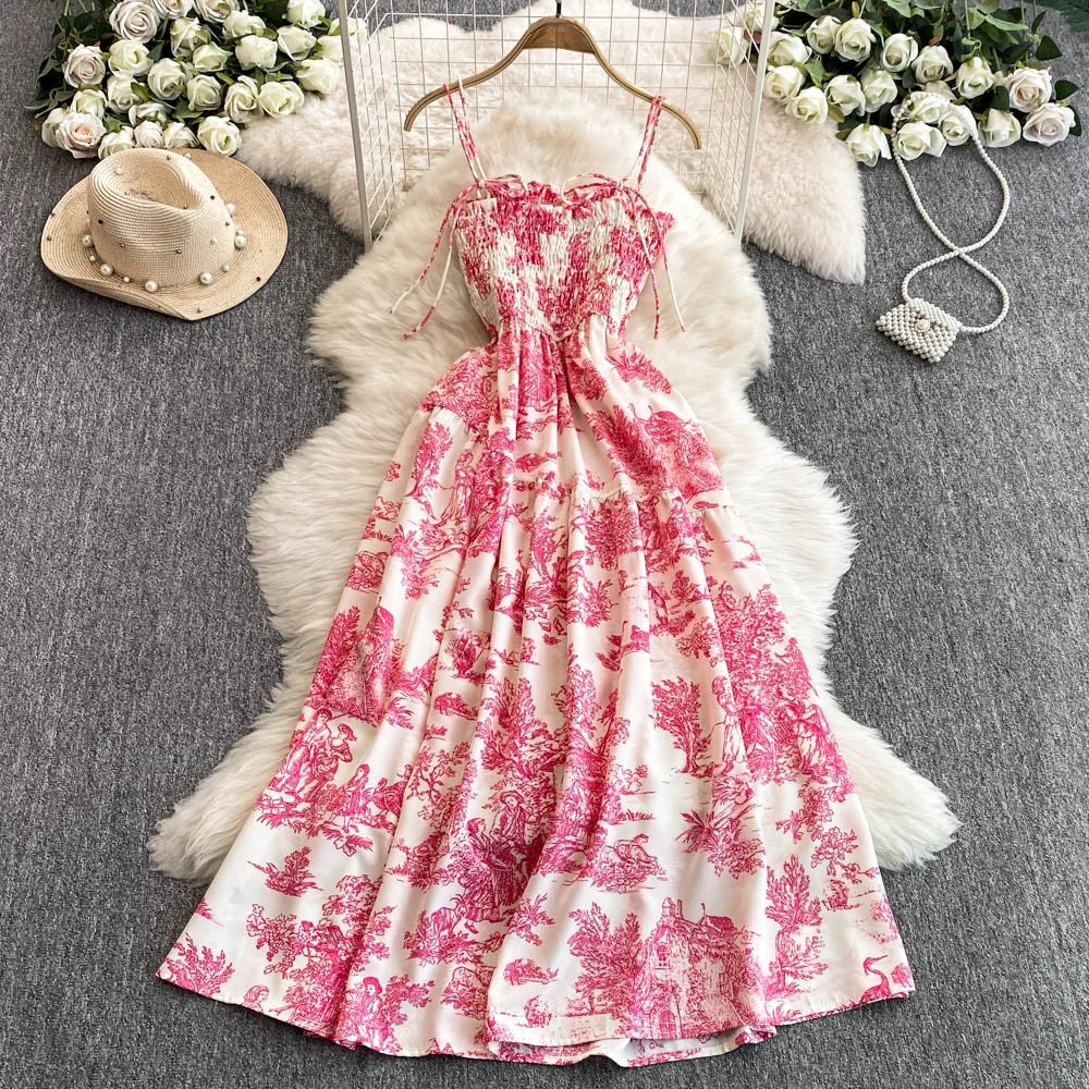 Retro Floral Print Off-oulder Chiffon Dr Women's Elastic Waist Slimming Beach Vaion Beachside Mid-Length Gown