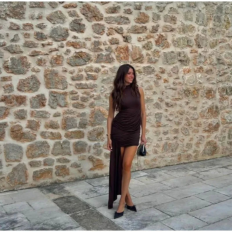 Elegant Slim Fit Pleat Irregular Long Dress Fashion Women Long Sleeve Turtleneck Patchwork Robes 2025 Chic Party Banquet Wear