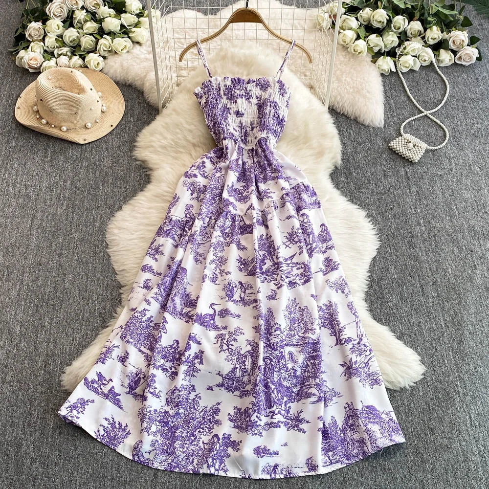 Retro Floral Print Off-oulder Chiffon Dr Women's Elastic Waist Slimming Beach Vaion Beachside Mid-Length Gown