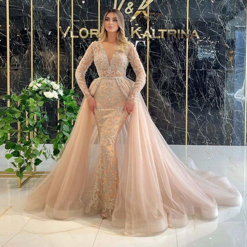 Women's Luxurious Gold Sequin Appliques Evening Dress Sexy Deep V-Neck Long Sleeve Elegant Prom Gown Mesh Formal Wedding Dresses