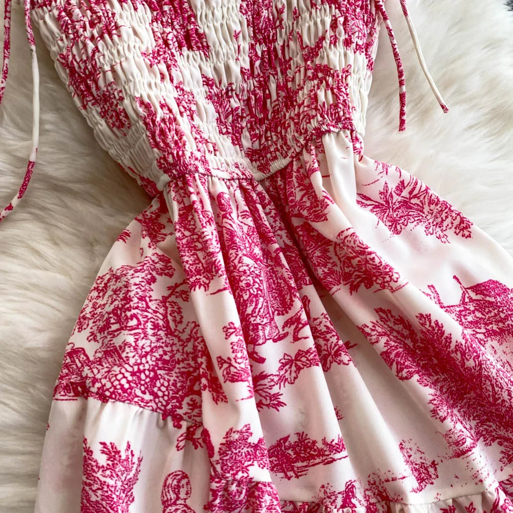 Retro Floral Print Off-oulder Chiffon Dr Women's Elastic Waist Slimming Beach Vaion Beachside Mid-Length Gown