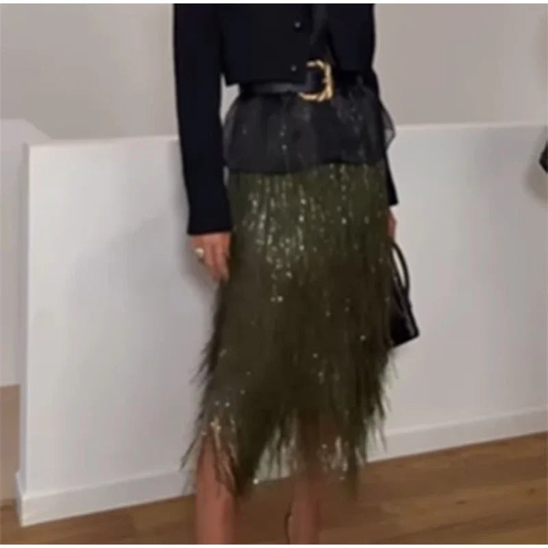 Green Tassel Sequin Long Skirt Women Fashion High Waist A-line Loose Shiny Skirts 2026 Spring Lady Chic Party Club Clothes Gown