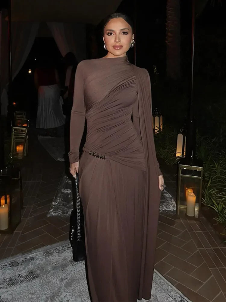 Elegant Slim Fit Pleat Irregular Long Dress Fashion Women Long Sleeve Turtleneck Patchwork Robes 2025 Chic Party Banquet Wear