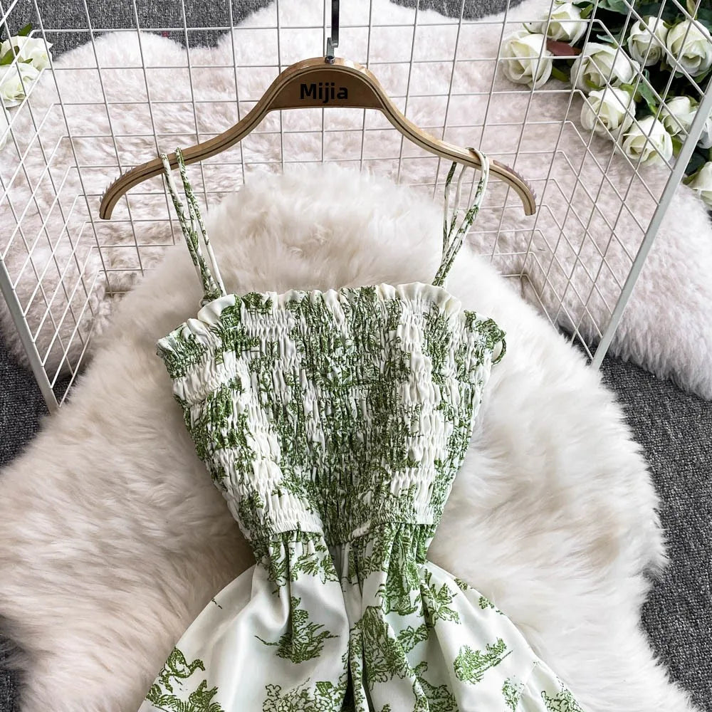 Retro Floral Print Off-oulder Chiffon Dr Women's Elastic Waist Slimming Beach Vaion Beachside Mid-Length Gown