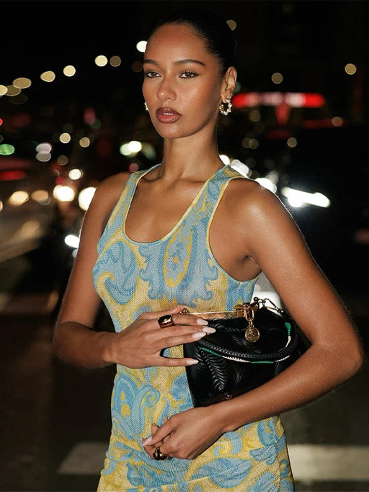 Fashion Tassels Print Long Dress For Women O-neck Sleeveless Patchwork Irregular Slip Vestidos 2025 Summer Female Beach Dresses