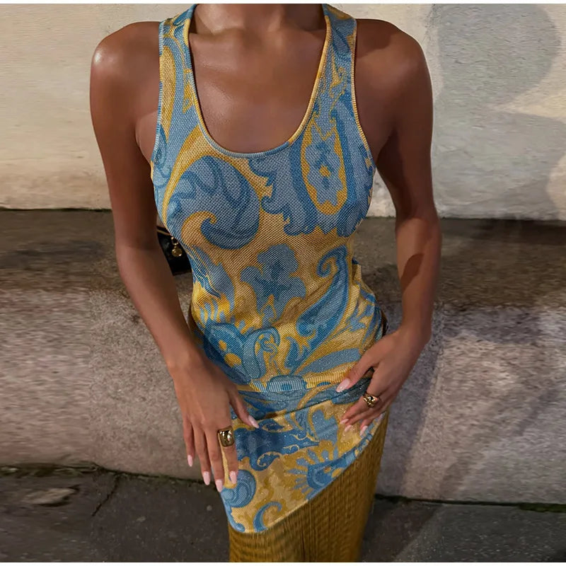 Fashion Tassels Print Long Dress For Women O-neck Sleeveless Patchwork Irregular Slip Vestidos 2025 Summer Female Beach Dresses