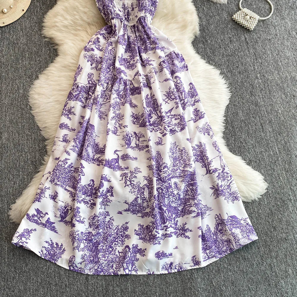 Retro Floral Print Off-oulder Chiffon Dr Women's Elastic Waist Slimming Beach Vaion Beachside Mid-Length Gown