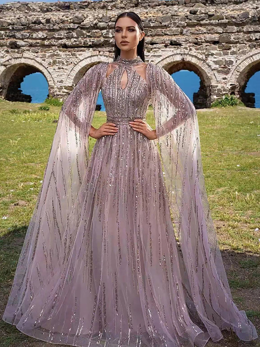 Women Elegant Tassel Sequins Luxury Party Dress See-through Maxi Long Sleeve Sexy Hollow Out Crew Neck Evening Wedding Dresses