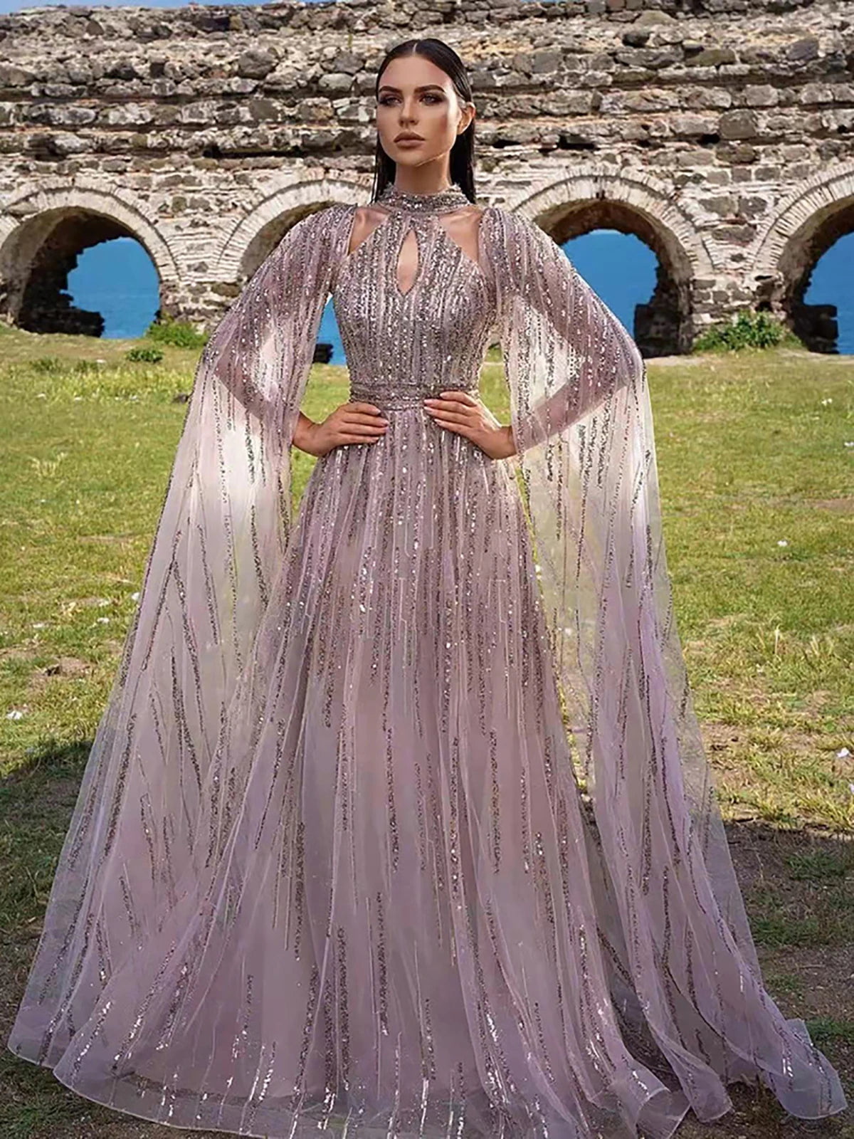 Women Elegant Tassel Sequins Luxury Party Dress See-through Maxi Long Sleeve Sexy Hollow Out Crew Neck Evening Wedding Dresses