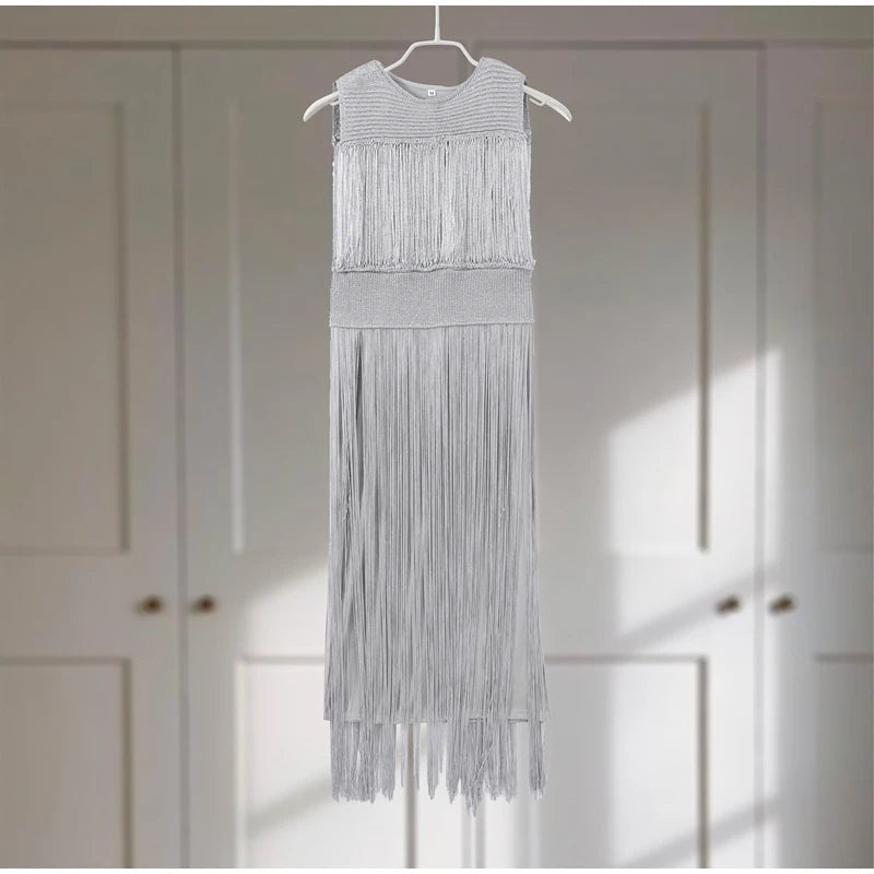 Sexy Sequin Tassel Evening Dresses Women Vintage Solid Sleeveless O-neck Slim High Waist Long Dress Lady 2025 Chic Party Vestido