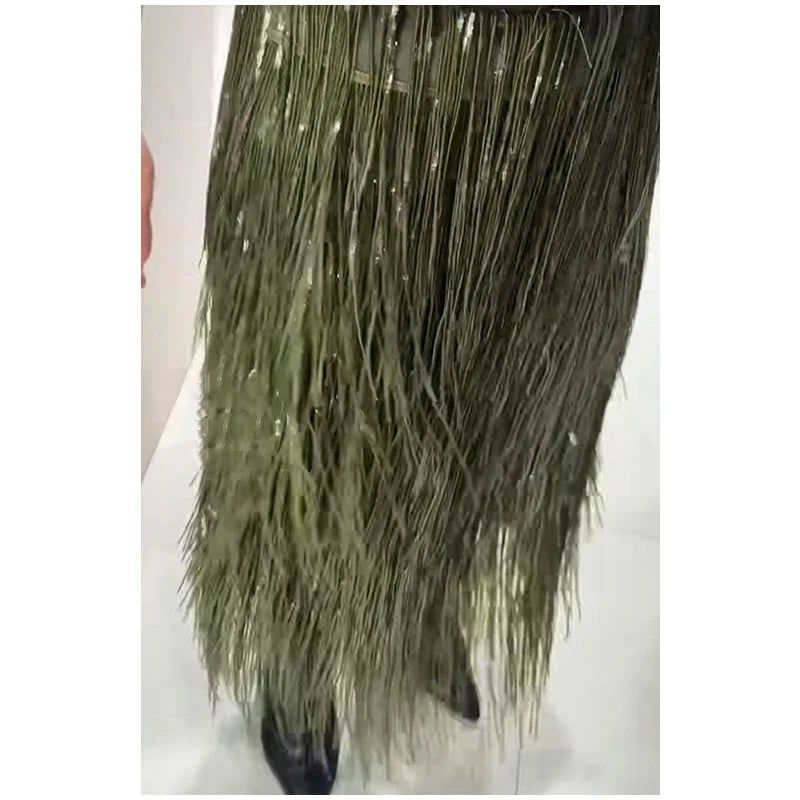 Green Tassel Sequin Long Skirt Women Fashion High Waist A-line Loose Shiny Skirts 2026 Spring Lady Chic Party Club Clothes Gown