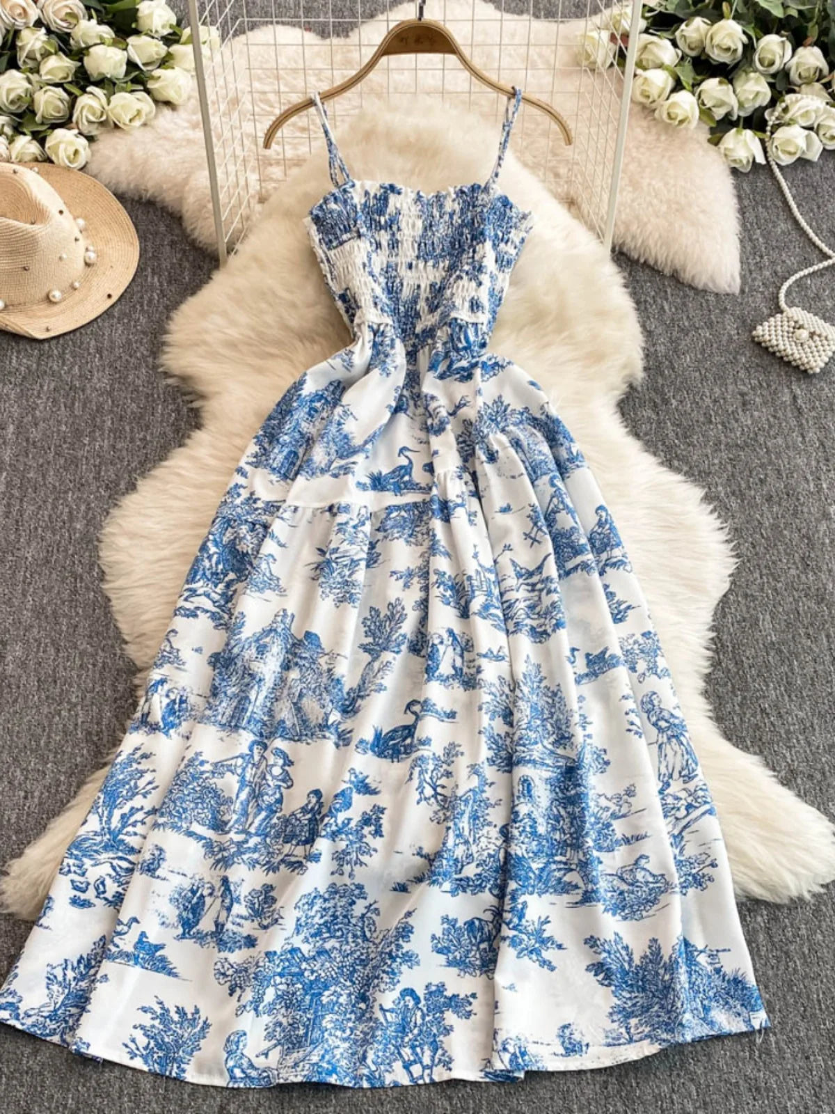 Retro Floral Print Off-oulder Chiffon Dr Women's Elastic Waist Slimming Beach Vaion Beachside Mid-Length Gown