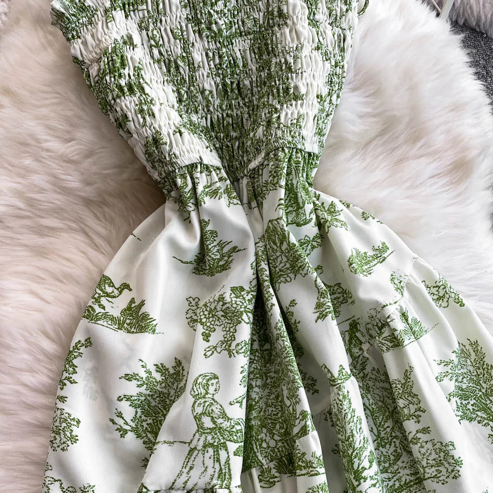 Retro Floral Print Off-oulder Chiffon Dr Women's Elastic Waist Slimming Beach Vaion Beachside Mid-Length Gown