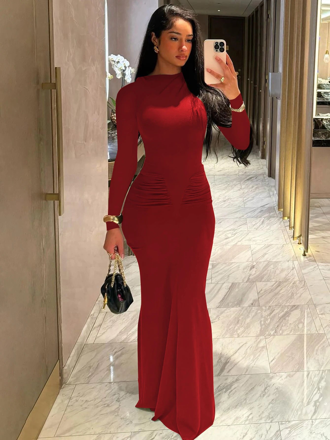 Dulzura Elegant Solid Long Sleeve Maxi Dress Bodycon Ruched Simple Women Clothes Cocktail Evening Party Dresses Y2K Wholesale