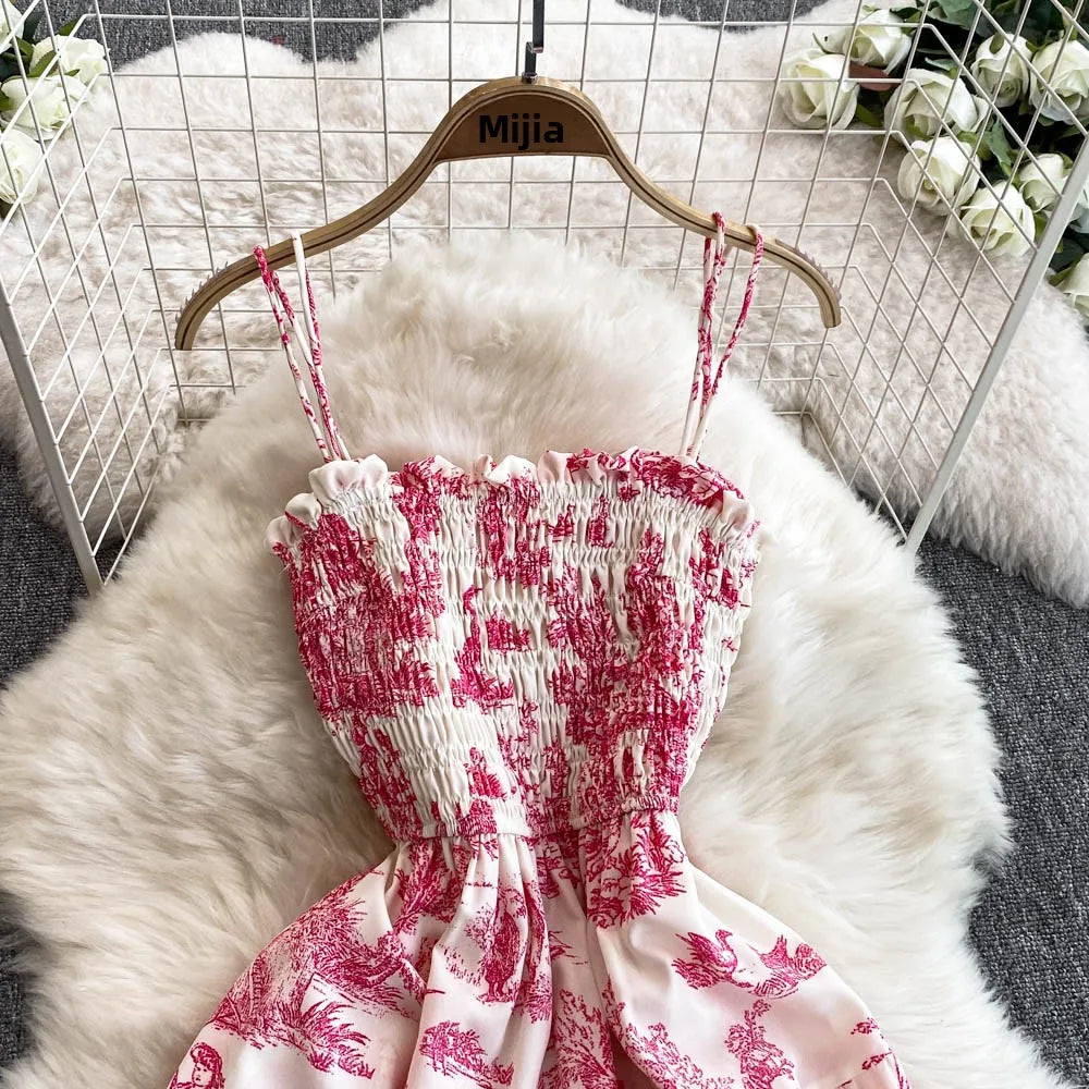 Retro Floral Print Off-oulder Chiffon Dr Women's Elastic Waist Slimming Beach Vaion Beachside Mid-Length Gown