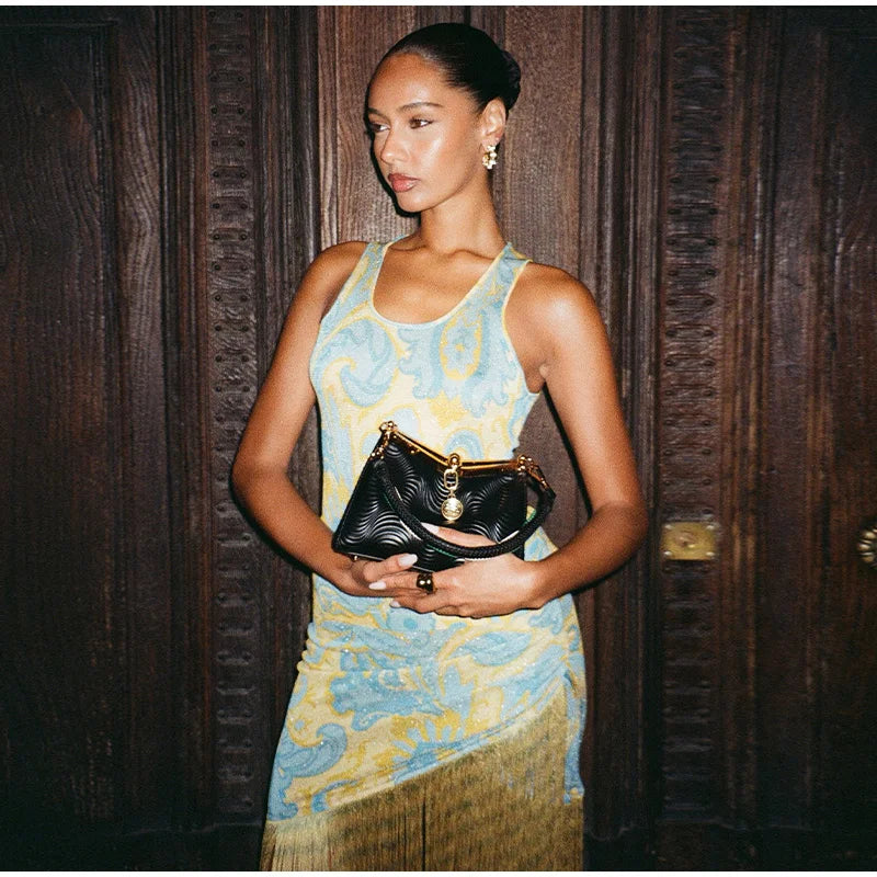 Fashion Tassels Print Long Dress For Women O-neck Sleeveless Patchwork Irregular Slip Vestidos 2025 Summer Female Beach Dresses