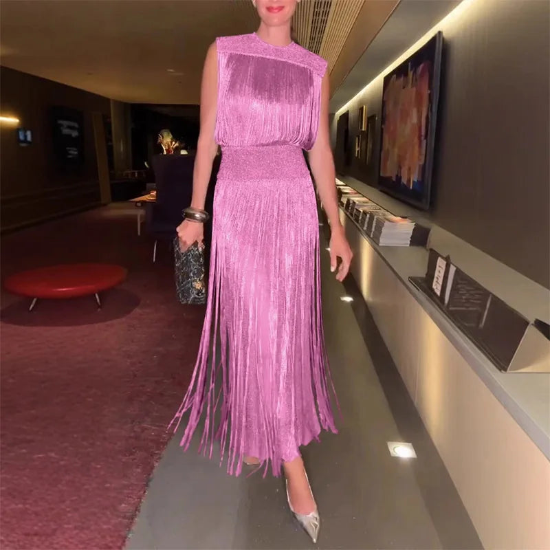 Sexy Sequin Tassel Evening Dresses Women Vintage Solid Sleeveless O-neck Slim High Waist Long Dress Lady 2025 Chic Party Vestido