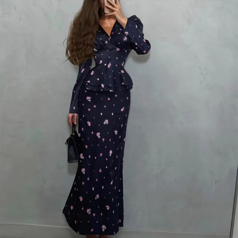 Elegant Print Skirt Suit Women V-neck Full Sleeve Slim Top Long Hip Package Skirts Set Spring Fashion Lady Vacation Outfit