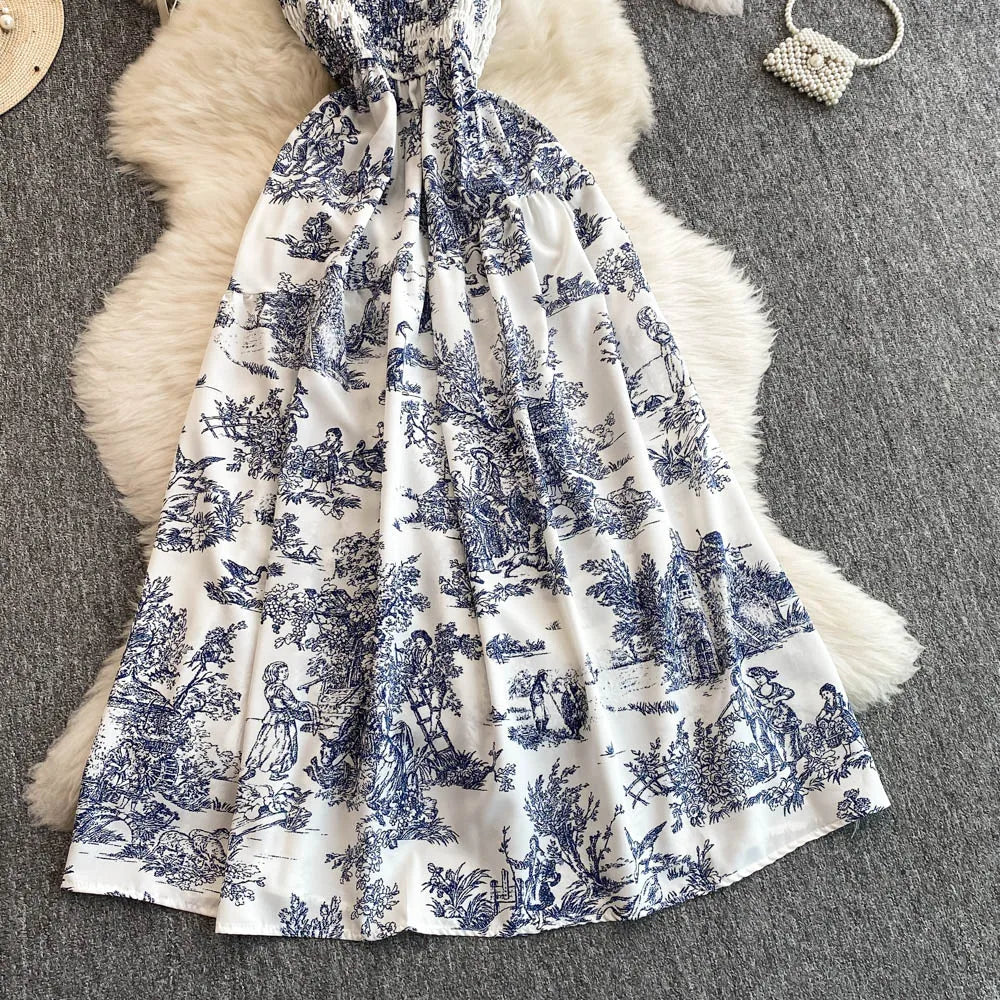 Retro Floral Print Off-oulder Chiffon Dr Women's Elastic Waist Slimming Beach Vaion Beachside Mid-Length Gown