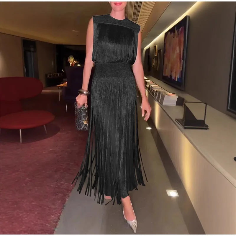 Sexy Sequin Tassel Evening Dresses Women Vintage Solid Sleeveless O-neck Slim High Waist Long Dress Lady 2025 Chic Party Vestido