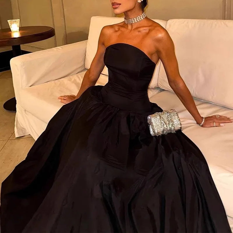 2025 Spring Summer Backless Hollow Long Dress Luxury Solid Strapless Evening Dress Sexy Off Shoulder Sleeveless Loose Maxi Dress