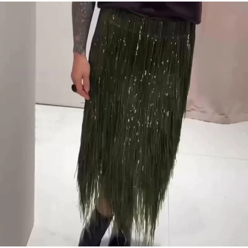 Green Tassel Sequin Long Skirt Women Fashion High Waist A-line Loose Shiny Skirts 2026 Spring Lady Chic Party Club Clothes Gown