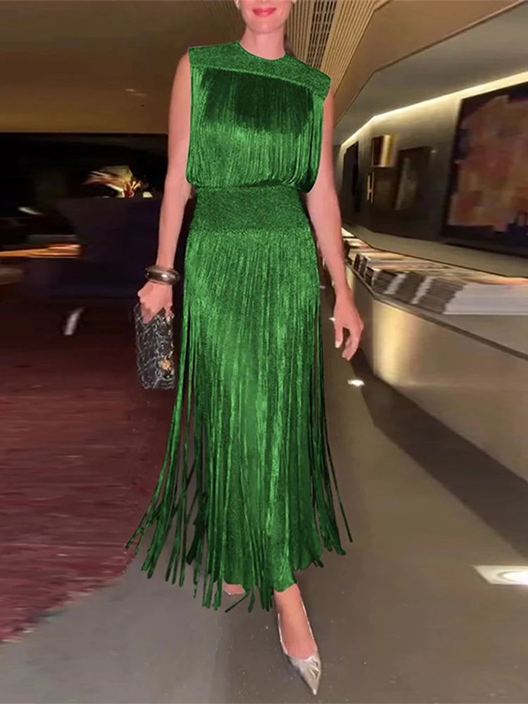 Sexy Sequin Tassel Evening Dresses Women Vintage Solid Sleeveless O-neck Slim High Waist Long Dress Lady 2025 Chic Party Vestido