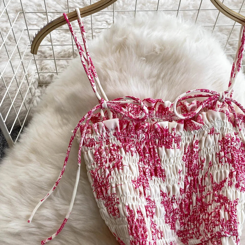 Retro Floral Print Off-oulder Chiffon Dr Women's Elastic Waist Slimming Beach Vaion Beachside Mid-Length Gown