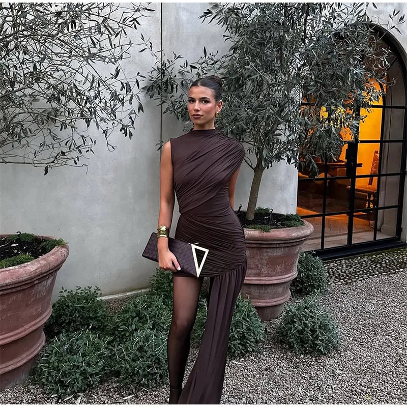 Elegant Slim Fit Pleat Irregular Long Dress Fashion Women Long Sleeve Turtleneck Patchwork Robes 2025 Chic Party Banquet Wear