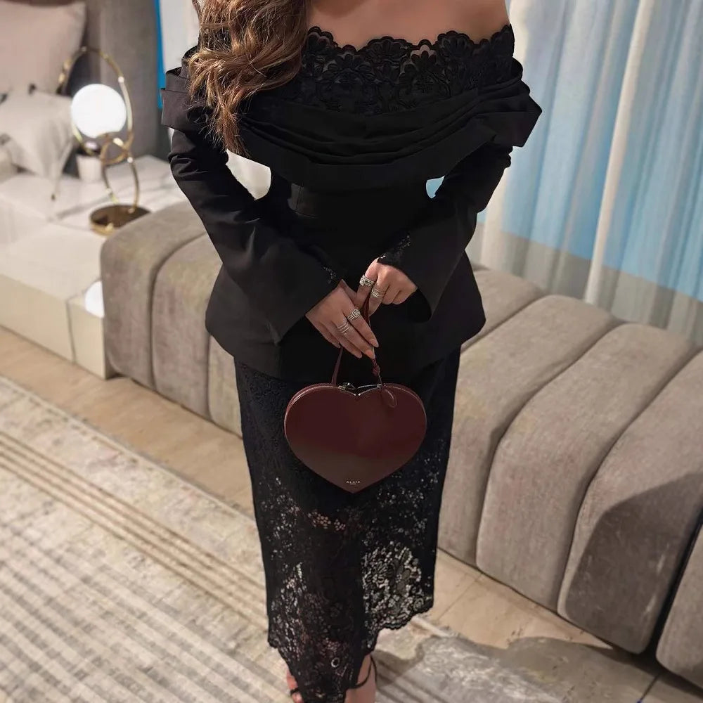 2025 American European New Fashion Women's Black Solid Color Slim Slash Neck Ankle Length Lace Ceremonial Dresses Female Clothes