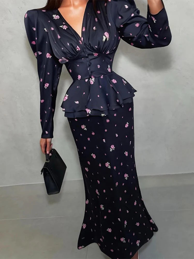 Elegant Print Skirt Suit Women V-neck Full Sleeve Slim Top Long Hip Package Skirts Set Spring Fashion Lady Vacation Outfit